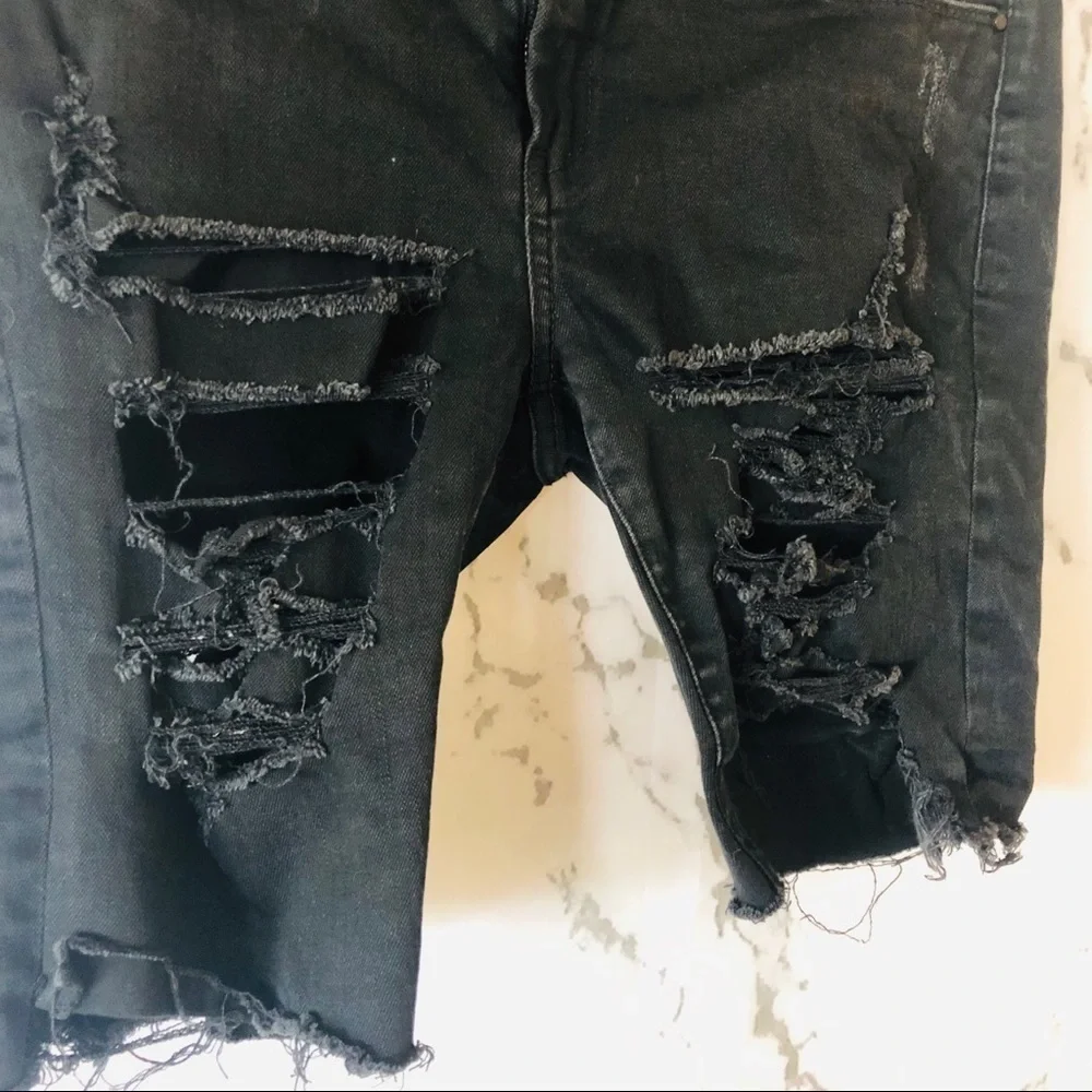 Blank NYC/ Black Distressed Denim Bermuda Shorts - Picture 3 of 6